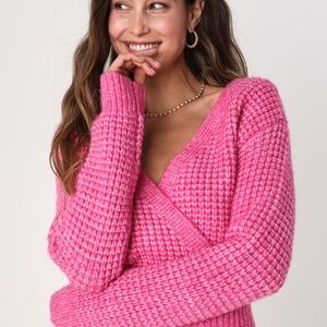 Lulus It's My Season Heathered Pink Surplice Sweater - Size M